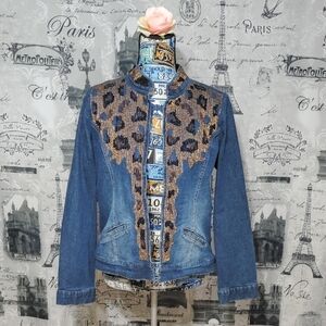 Chico's Blue Denim Jacket with Leopard Sequin Accents